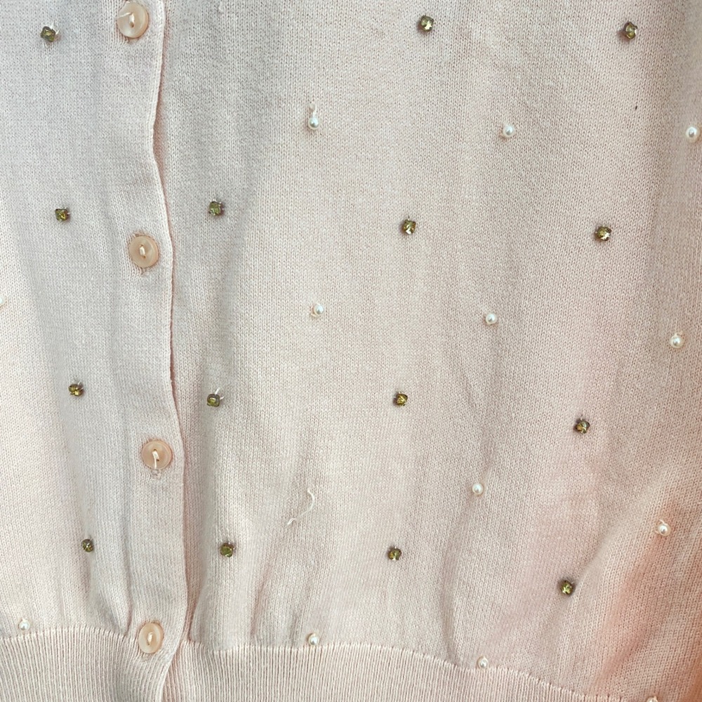 LOFT Soft Girl Coquette Cardigan Sweater M Pink Pearl Rhinestone Embellished - Picture 5 of 7